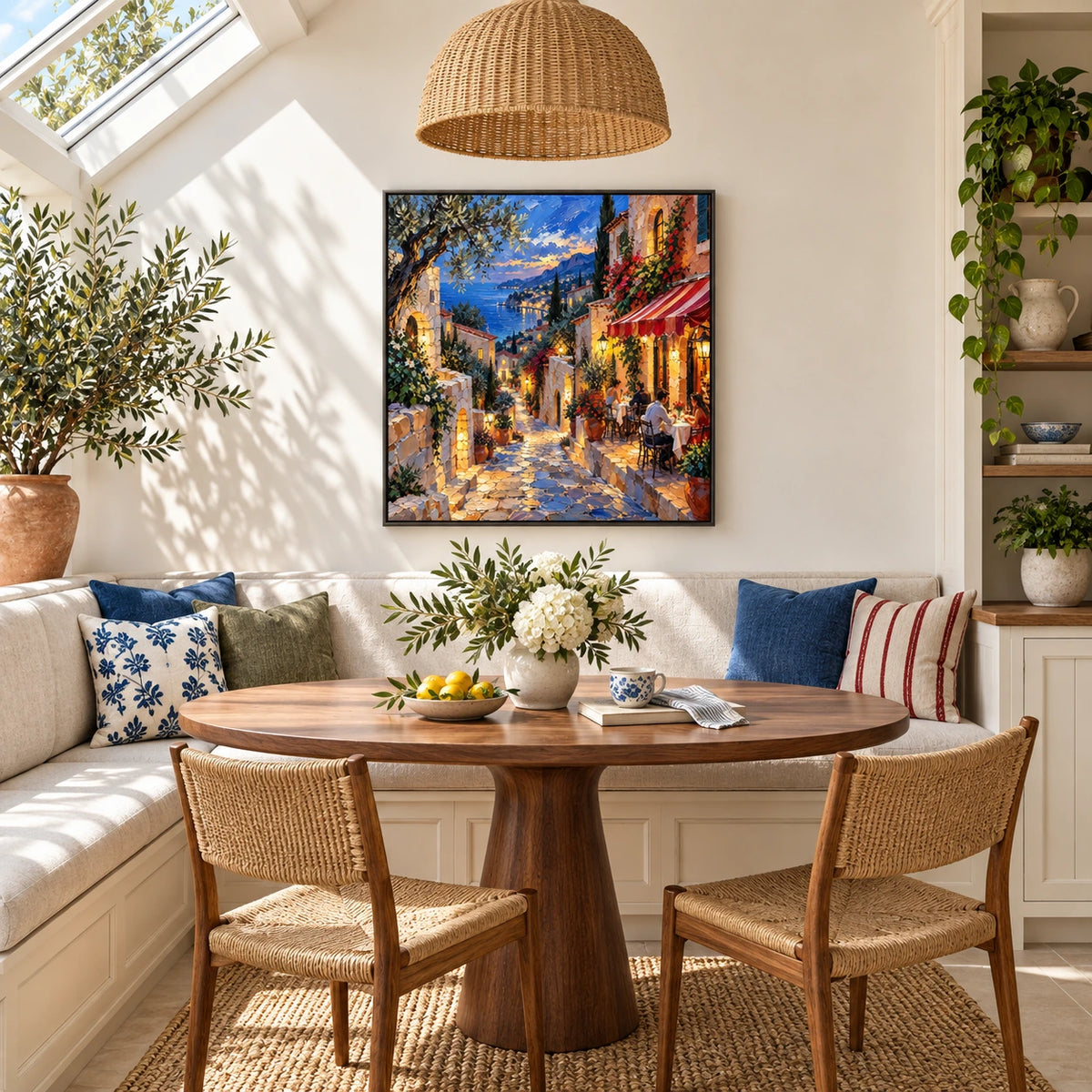 lanterns above the azure bay displayed in a sunroom breakfast nook