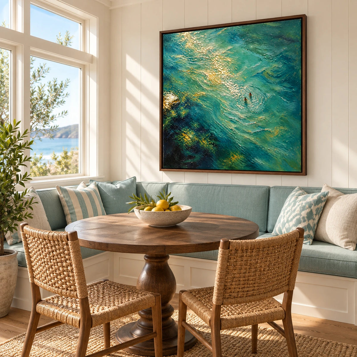 coastal current displayed in a sunroom breakfast nook