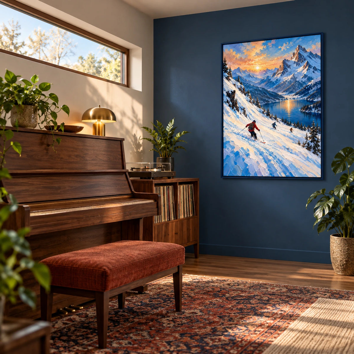 alpine lake descent displayed in a home music room