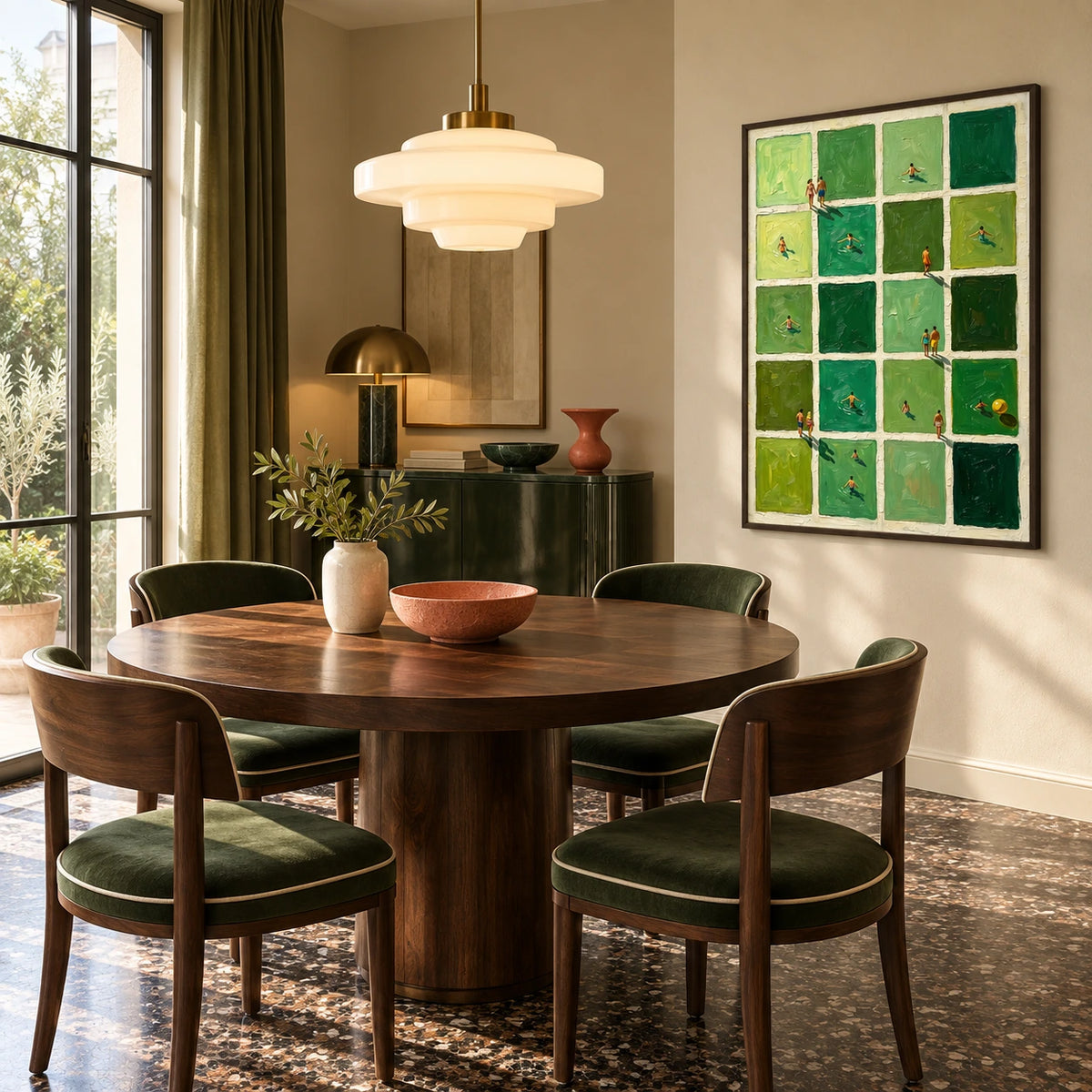 green water, open paths displayed in a art deco dining room