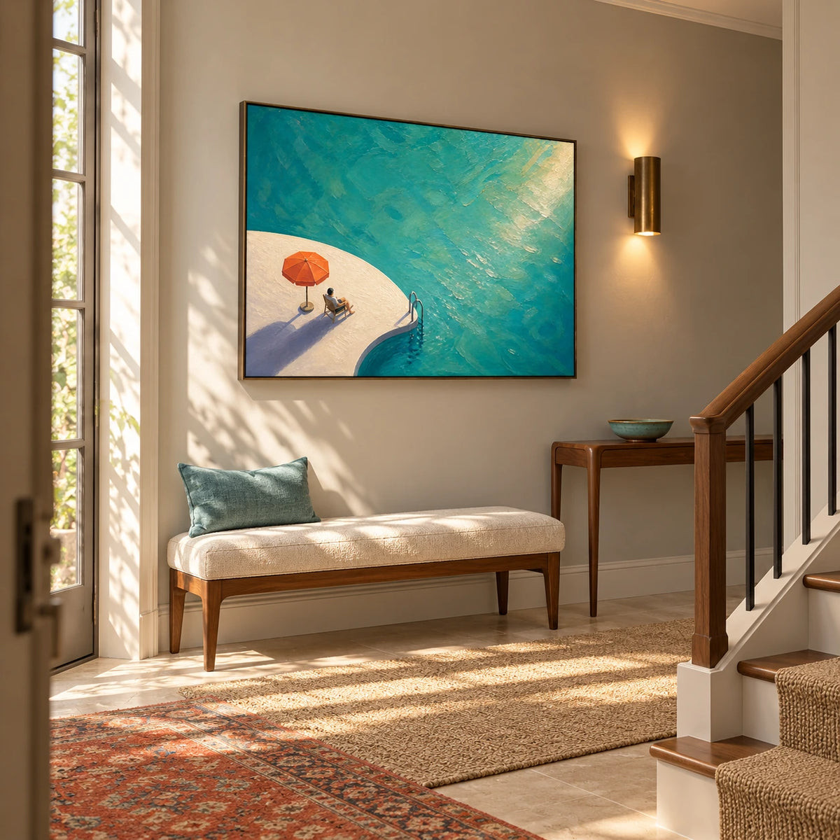 sunlit poolside displayed in a entry hall