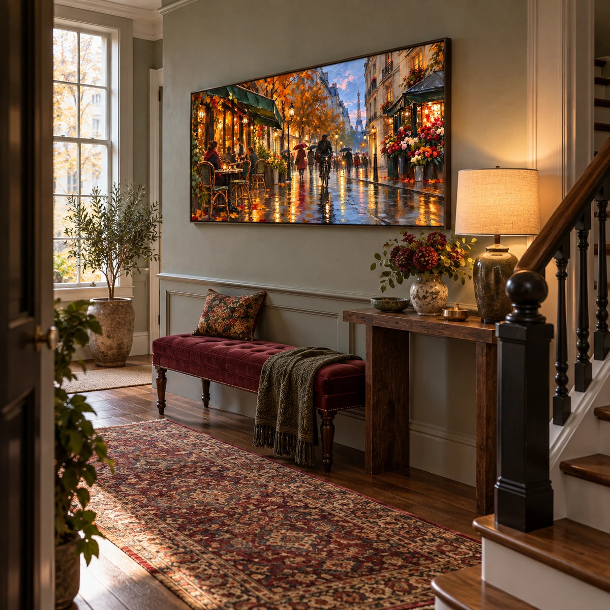 cafe lights on a rainy paris street displayed in a entry hall