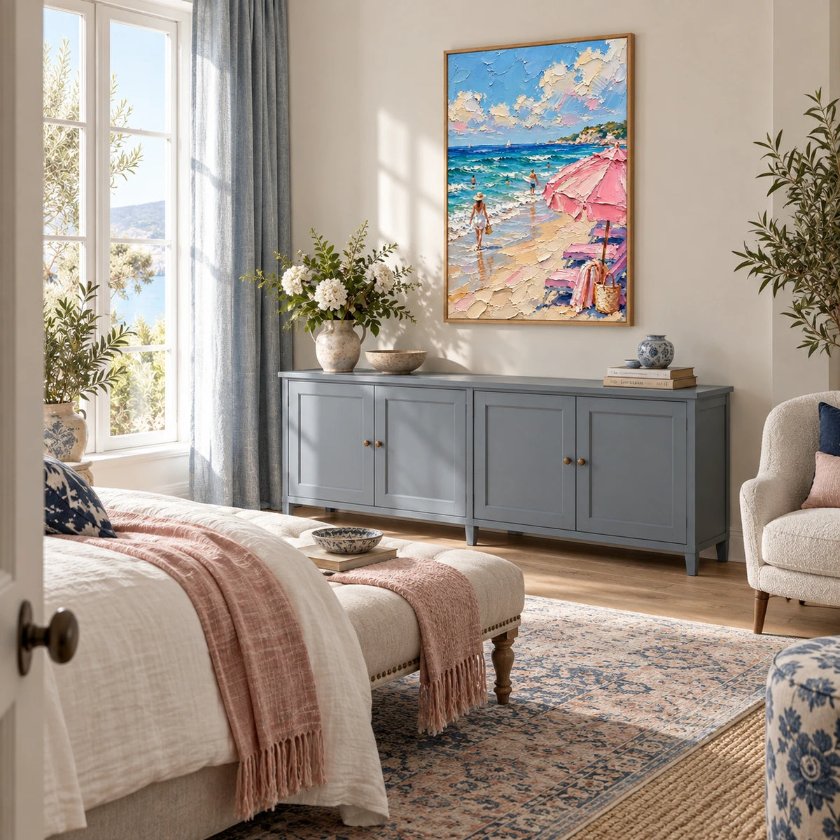 seaside pink umbrella displayed in a bedroom sitting area