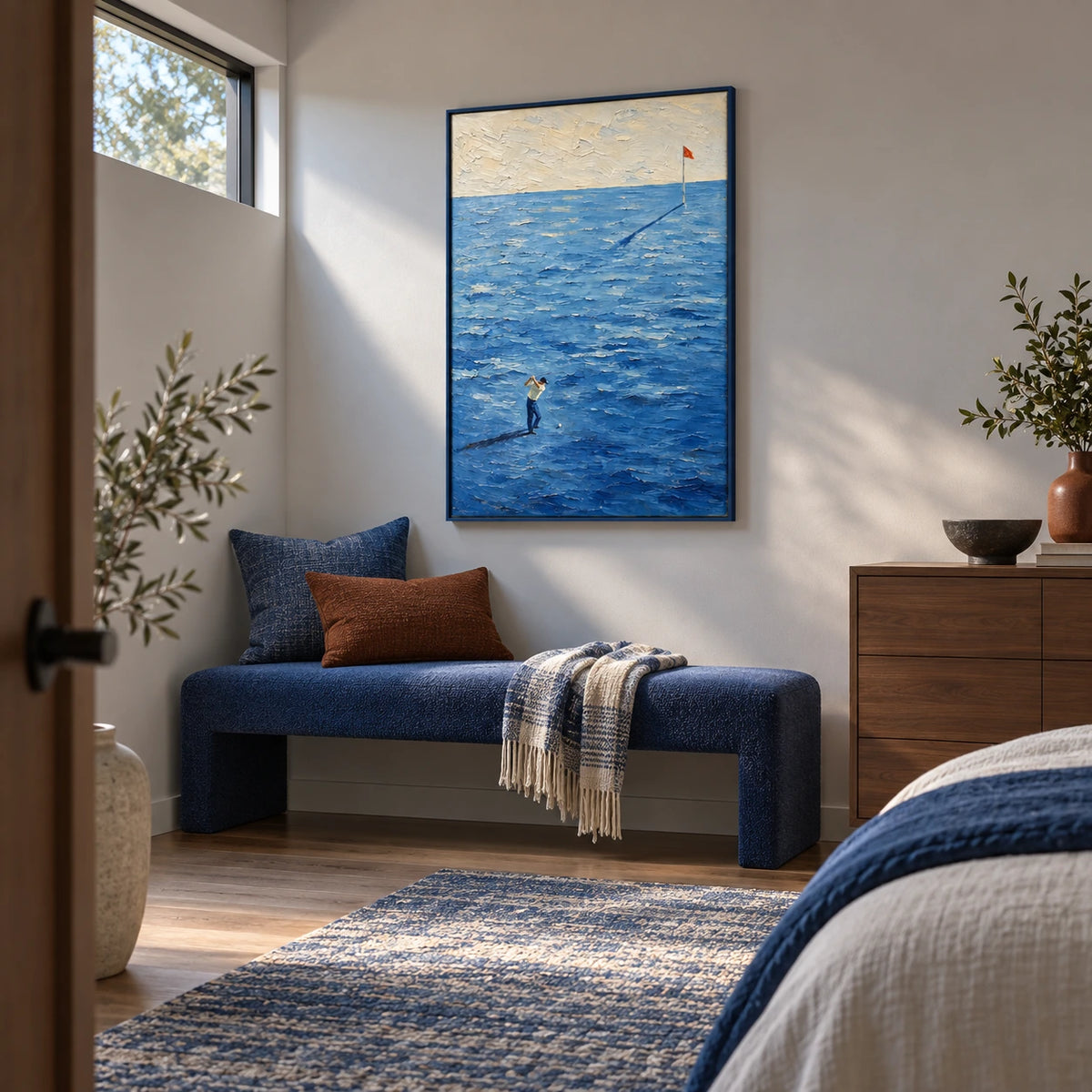 ocean golf flag displayed in a bedroom sitting area