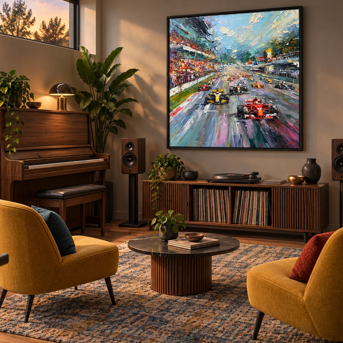 formula one in motion displayed in a music room