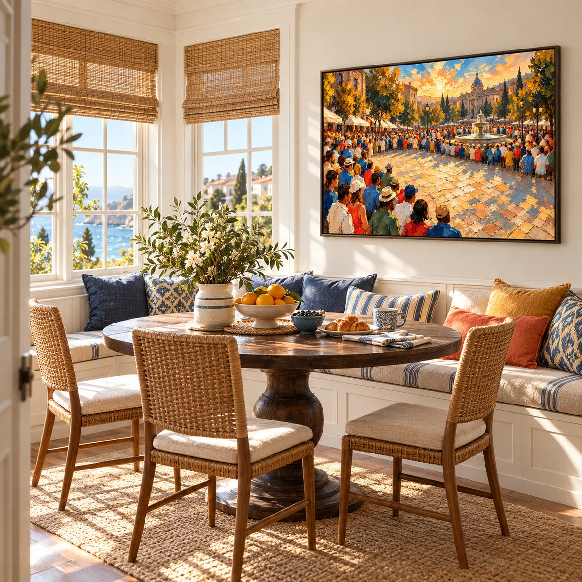 sunlit piazza gathering displayed in a breakfast nook