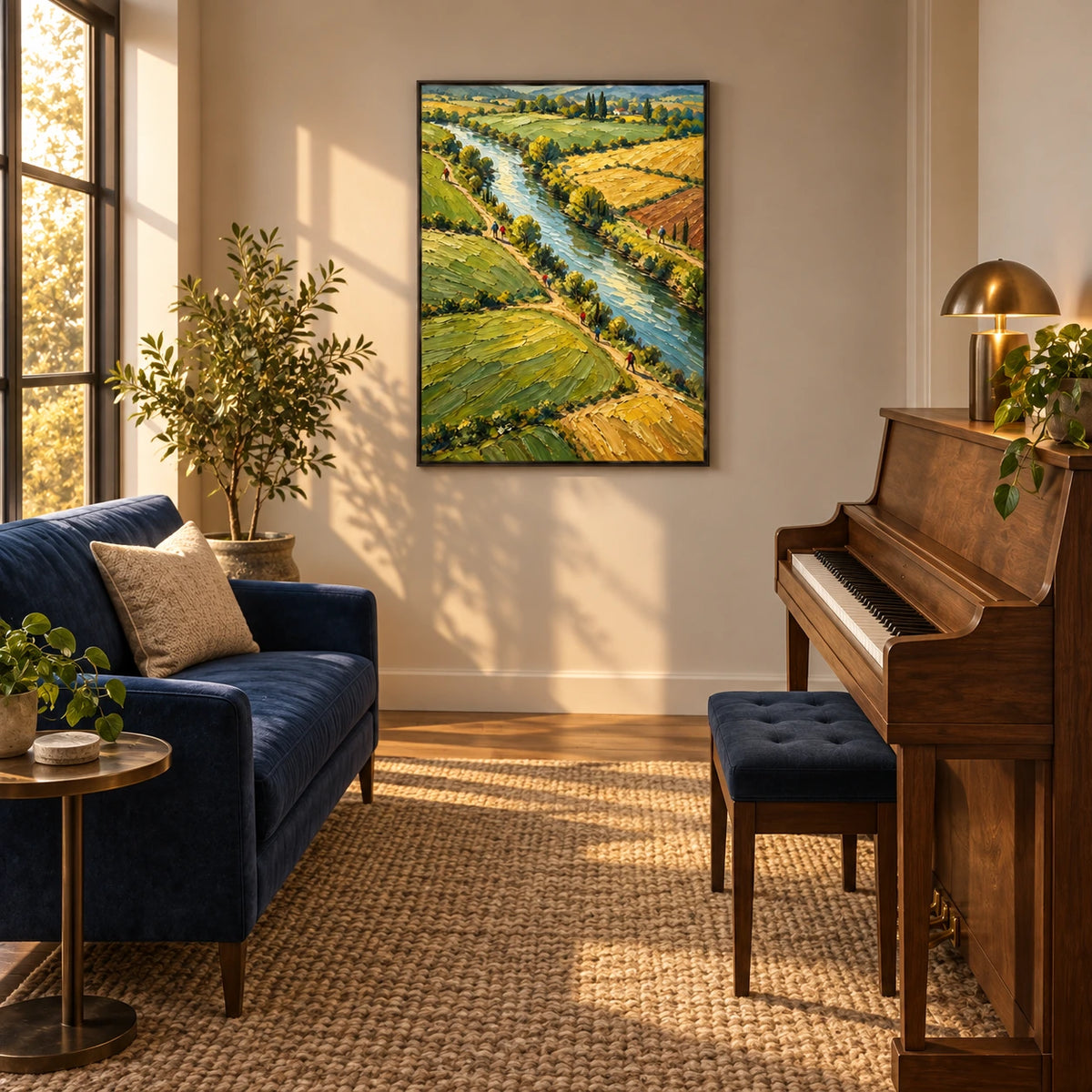 river through open fields displayed in a home music room