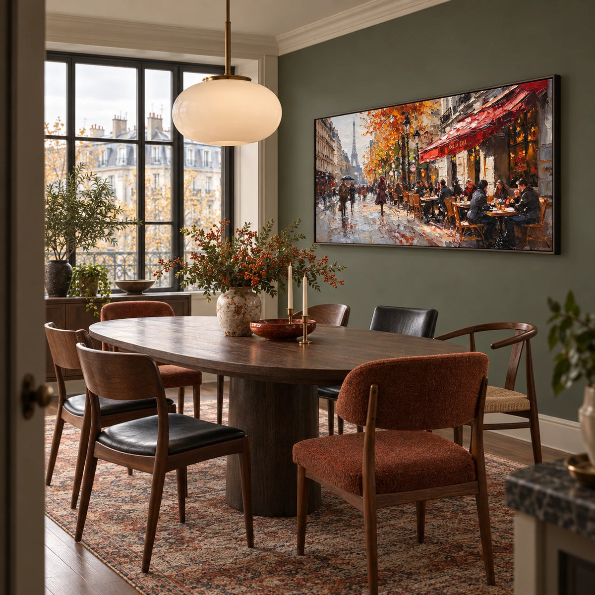 paris cafe in autumn displayed in a dining space