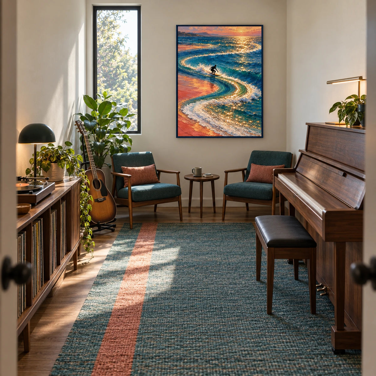 golden break at sunset displayed in a home music room
