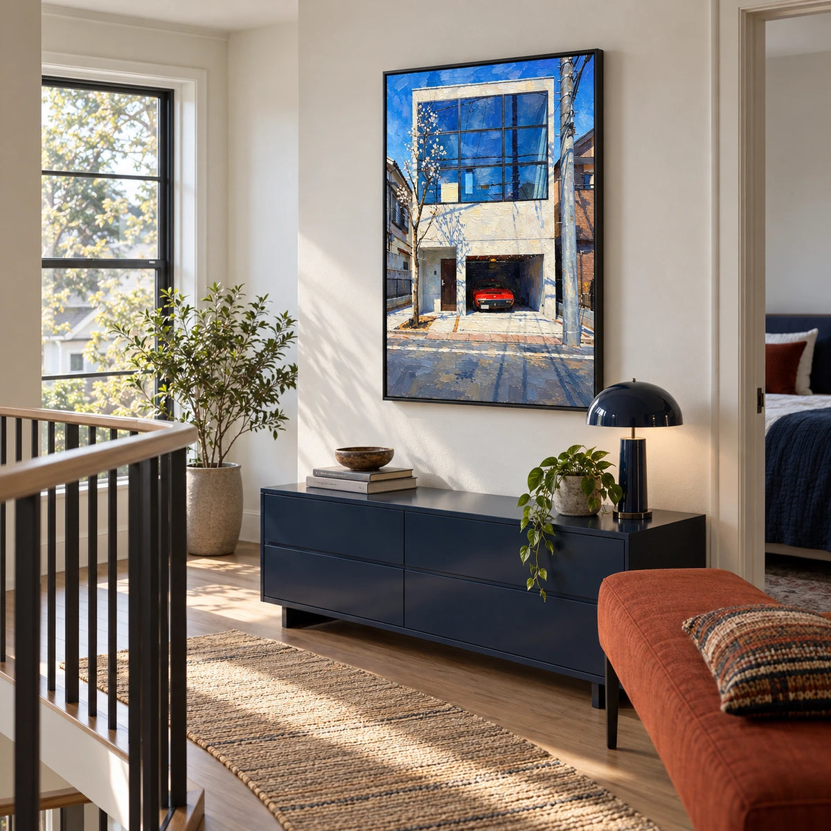window in the blue city displayed in a bedroom landing