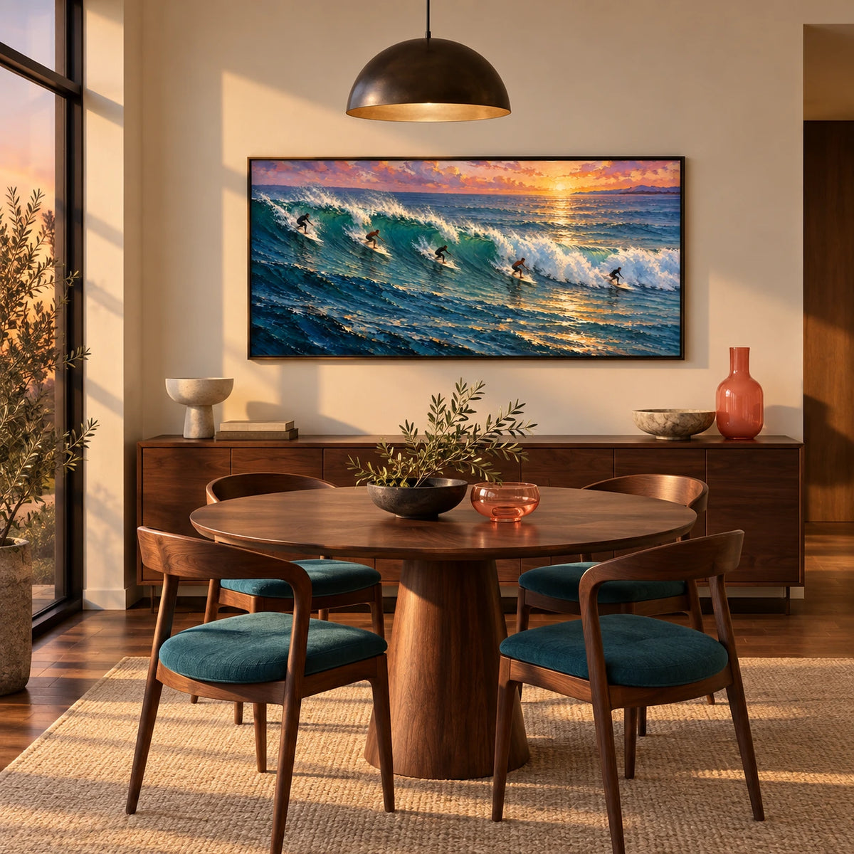 sunset wave riders displayed in a dining room