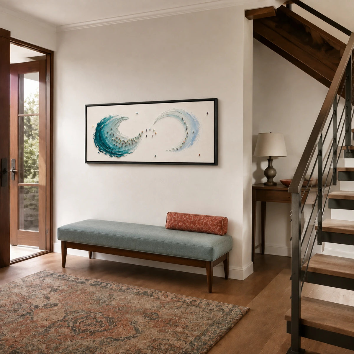 riding the endless tide displayed in a stair landing entry hall