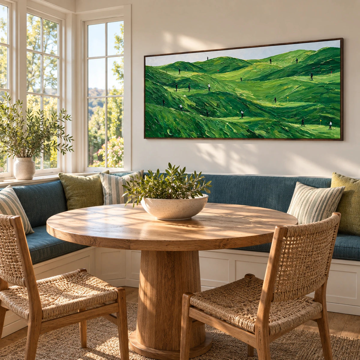 rolling green golf course displayed in a breakfast sunroom