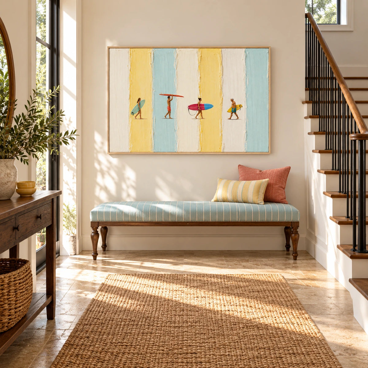pastel surfboard parade displayed in a entry hall