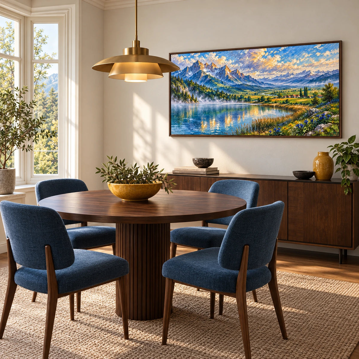 mountain lake valley displayed in a bauhaus dining room