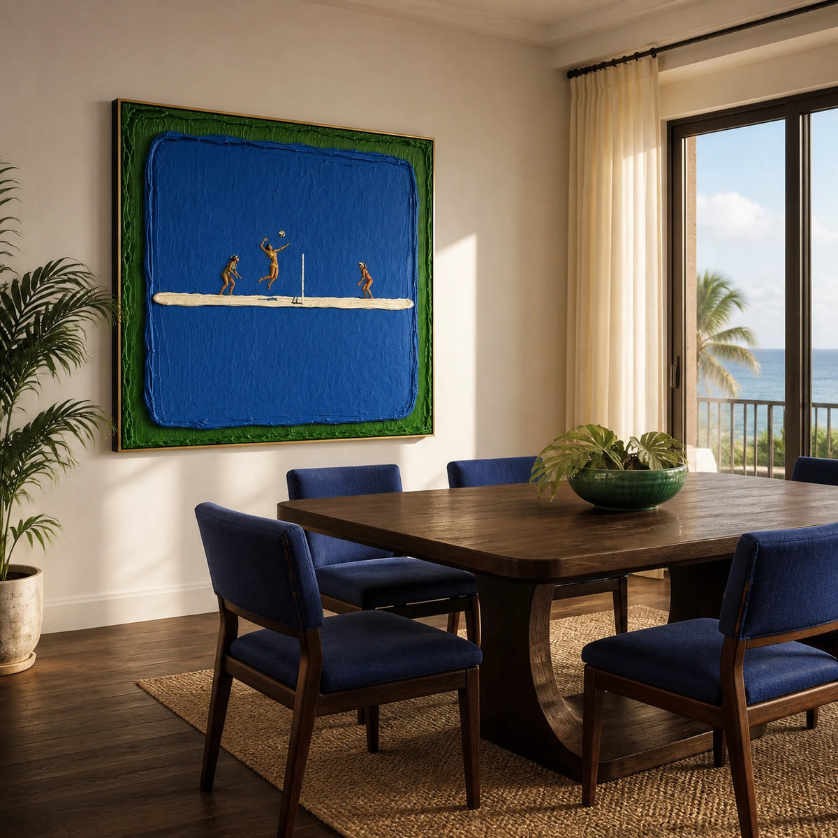 blue court rally displayed in a dining space