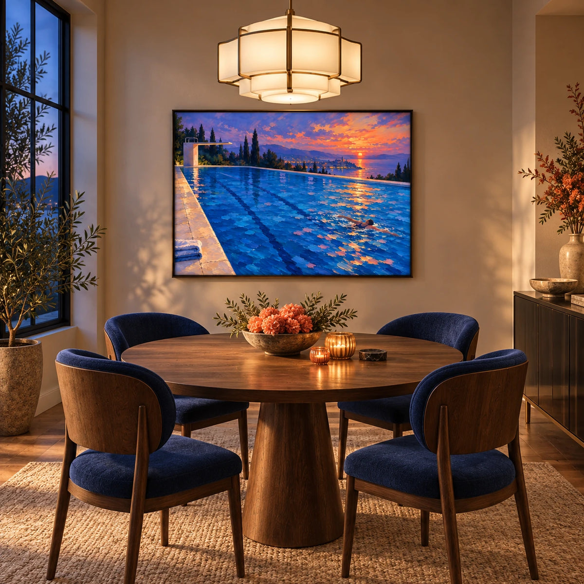 sunset pool by the sea displayed in a dining space