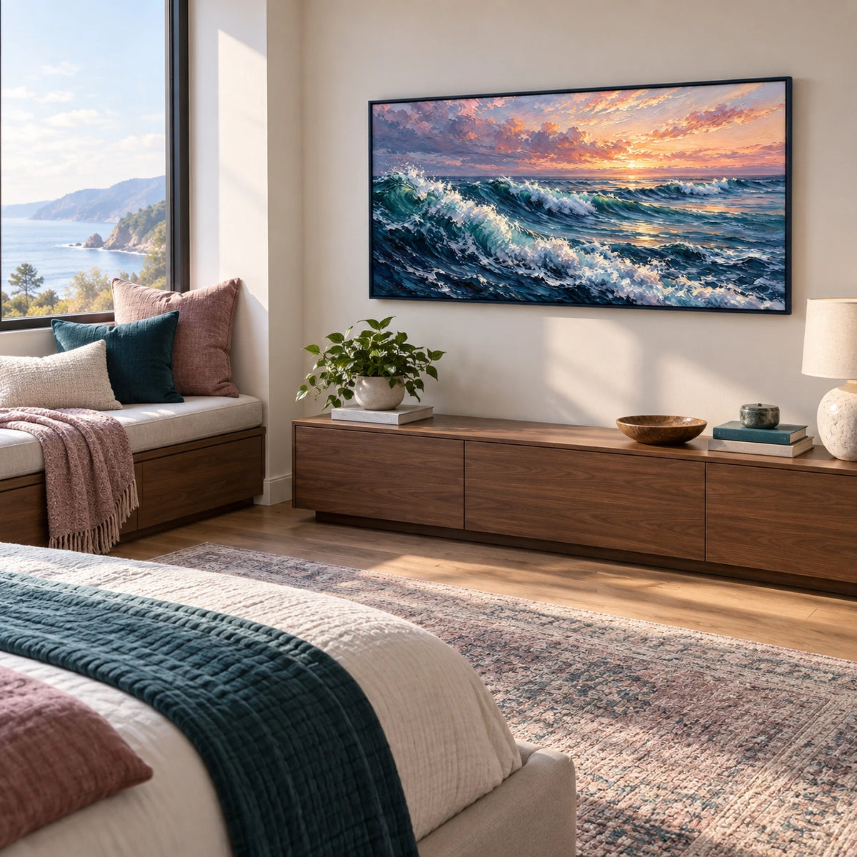 sunset breakers displayed in a bedroom sitting area