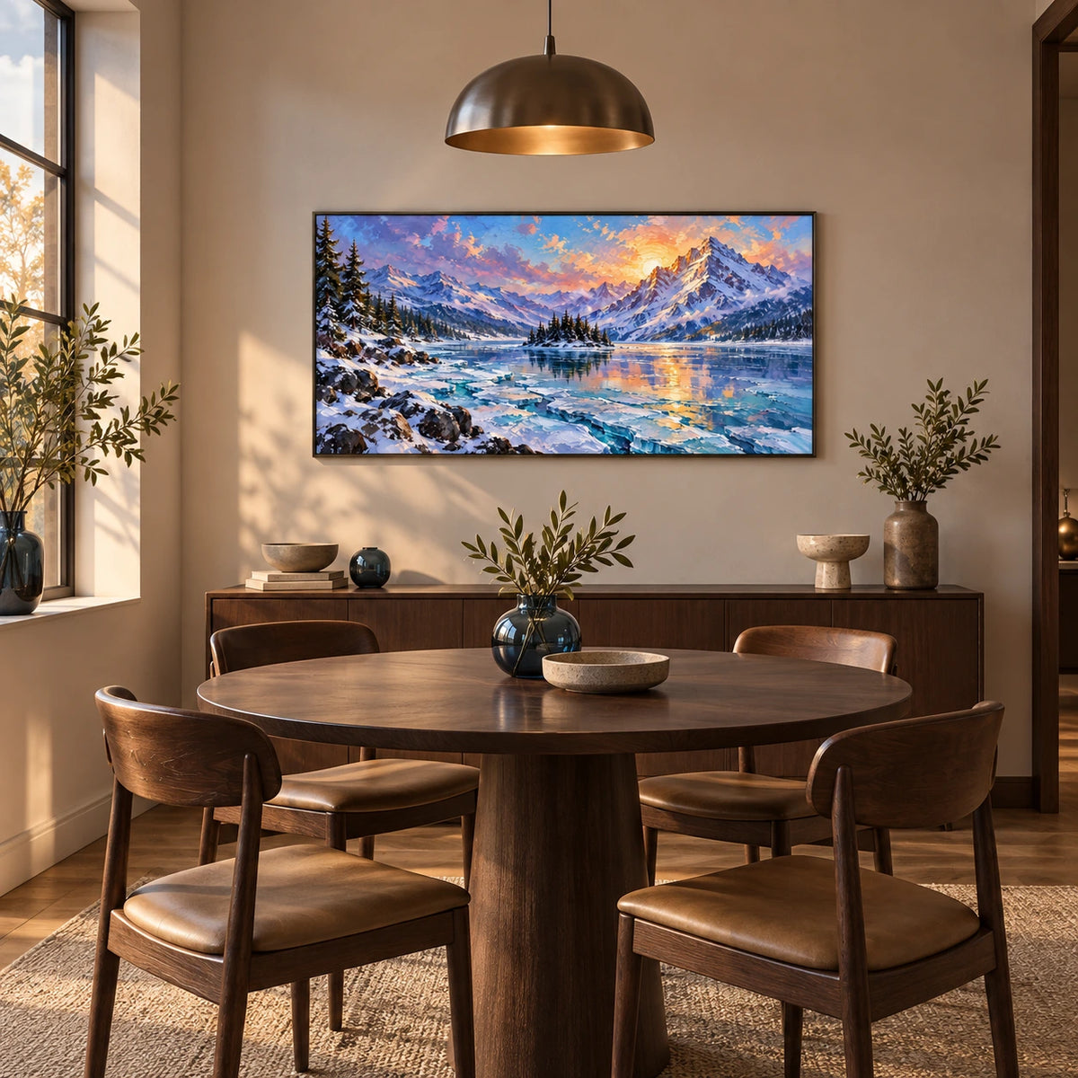 dawn reflected in alpine stillness displayed in a bauhaus dining room