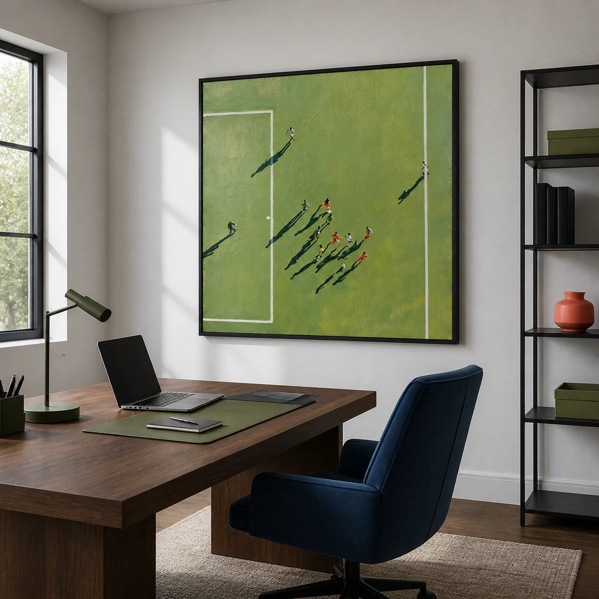 long shadows, open play displayed in a home office