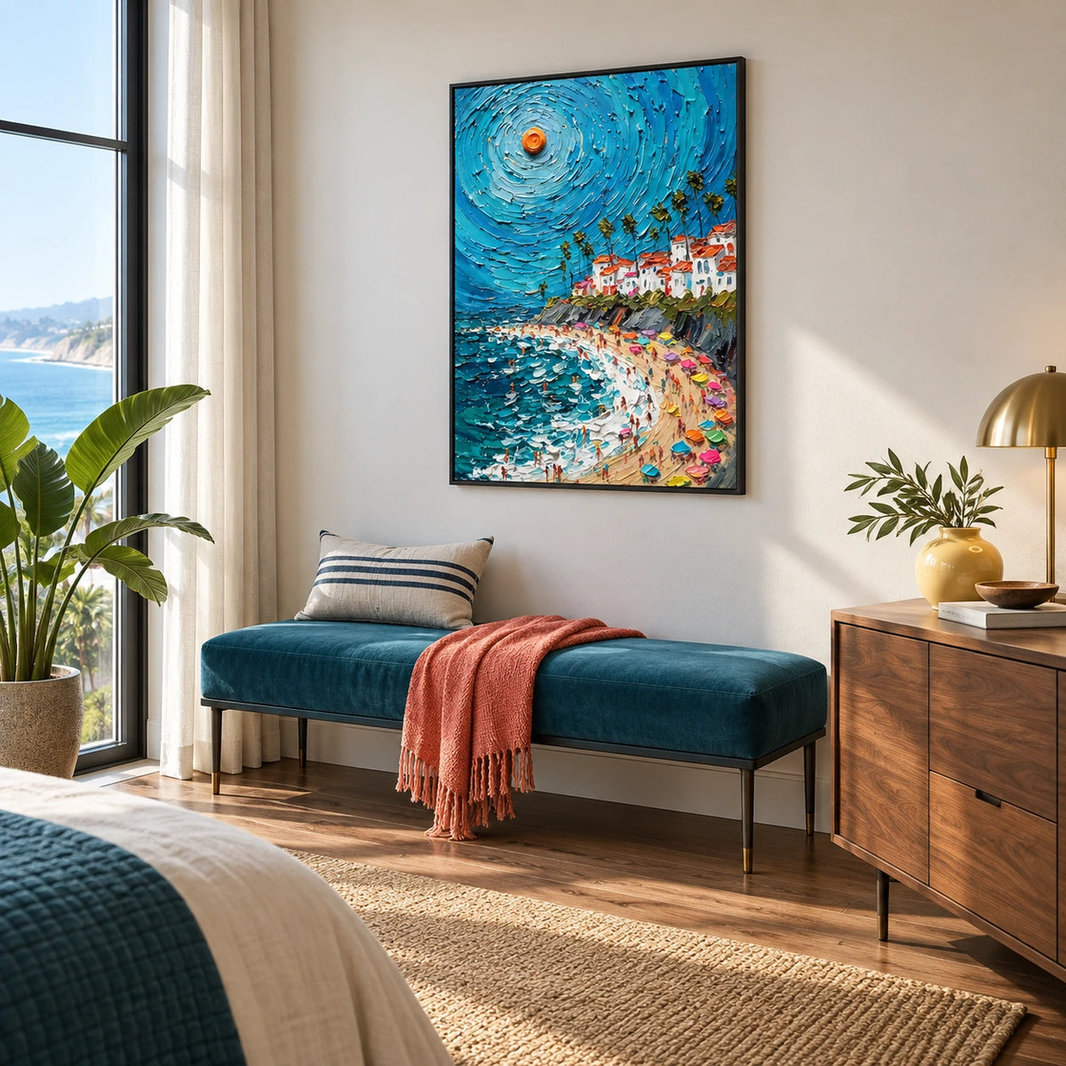 golden hour coastline displayed in a bedroom sitting area