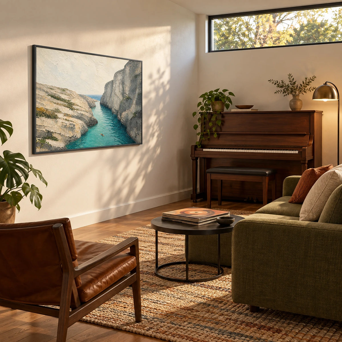 cove between cliffs displayed in a music sitting room