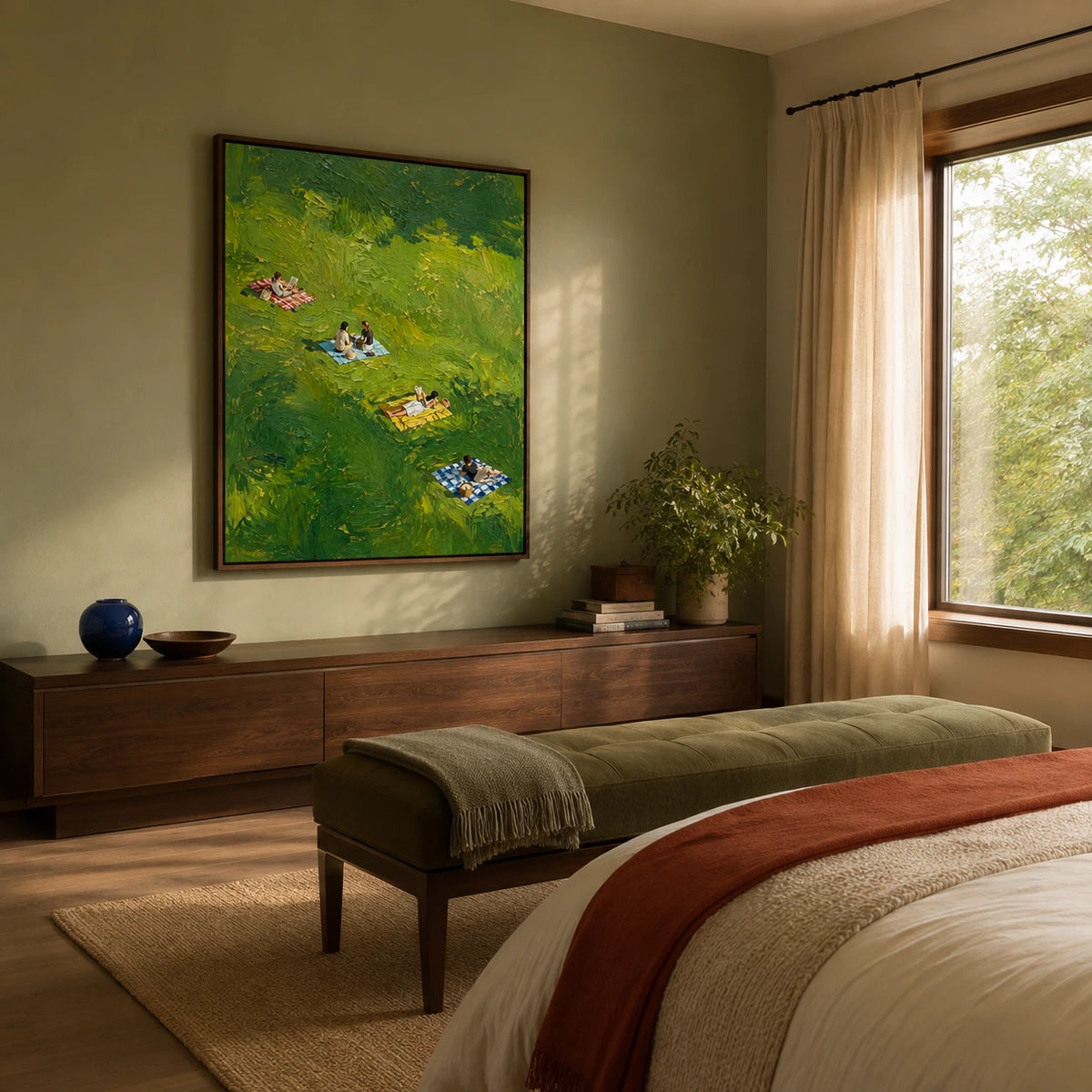 meadow picnics displayed in a bedroom sitting area