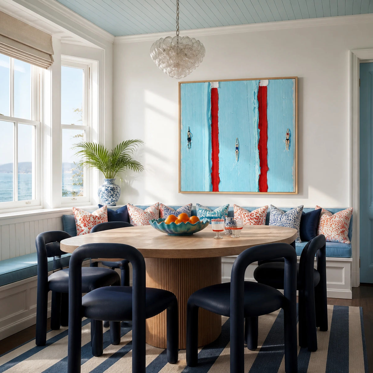 red lane rhythm displayed in a coastal dining space