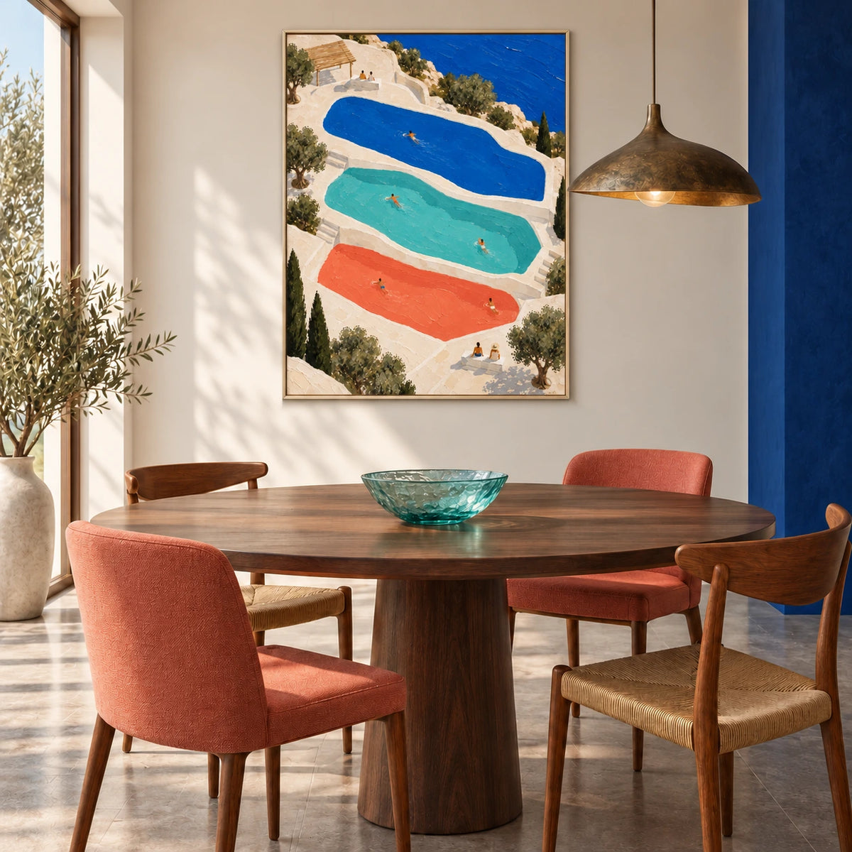 three pools in sunlight displayed in a dining space