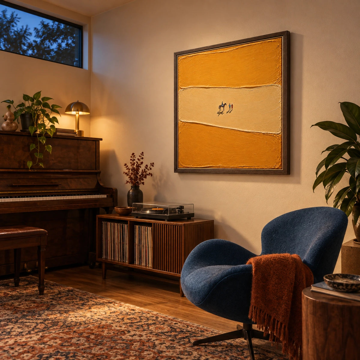 riders in golden light displayed in a urban music room