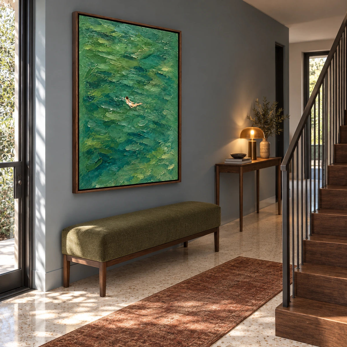 green water swimmer displayed in a stair entry hall