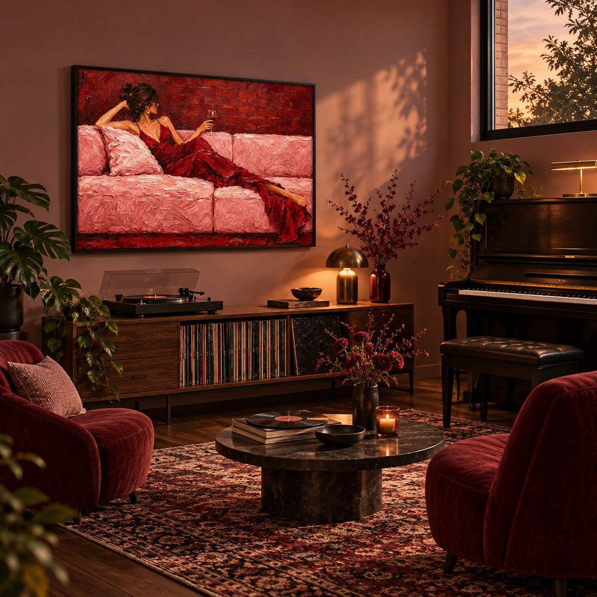 crimson pause displayed in a home music room