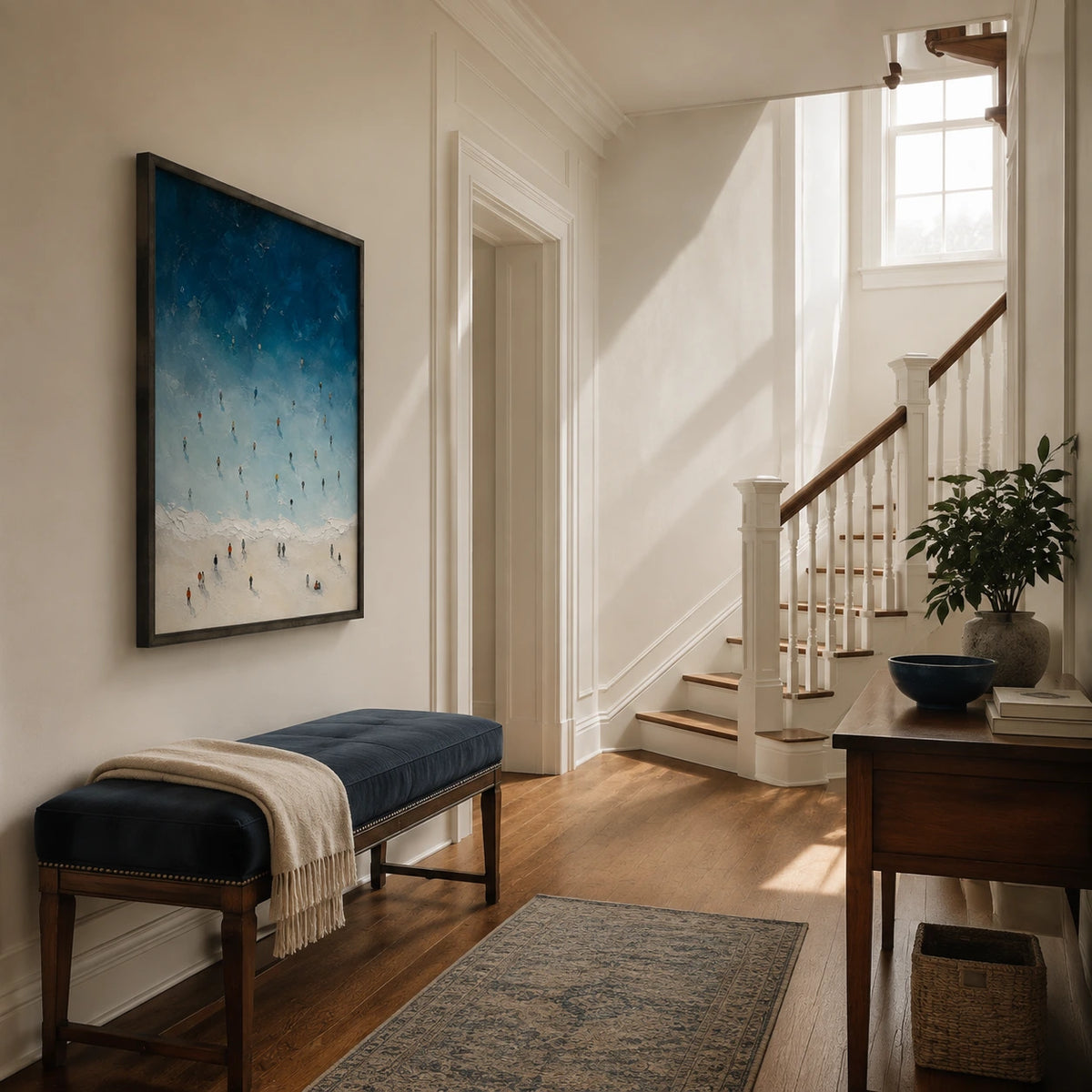 along the blue shore displayed in a entry hall