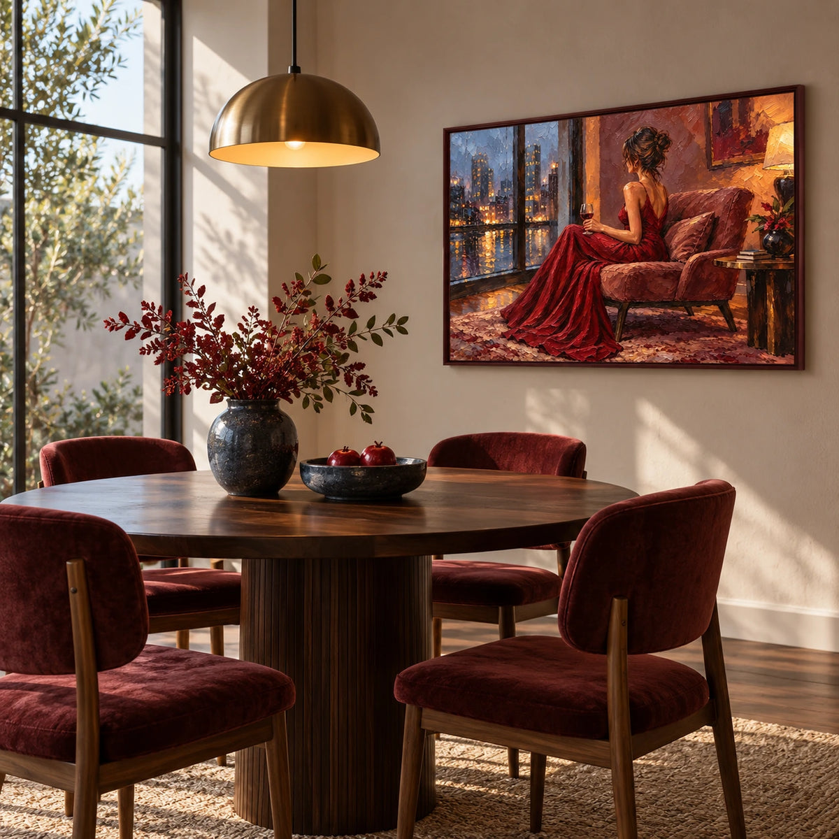 midnight wine by the window displayed in a dining room
