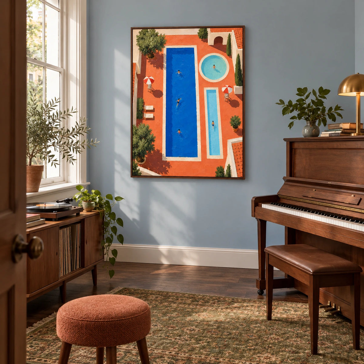 terracotta pool lines displayed in a home music room