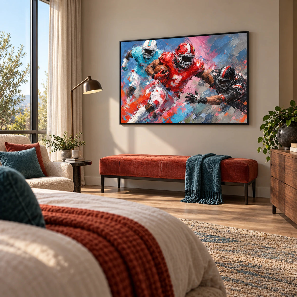 gridiron rush displayed in a bedroom sitting area