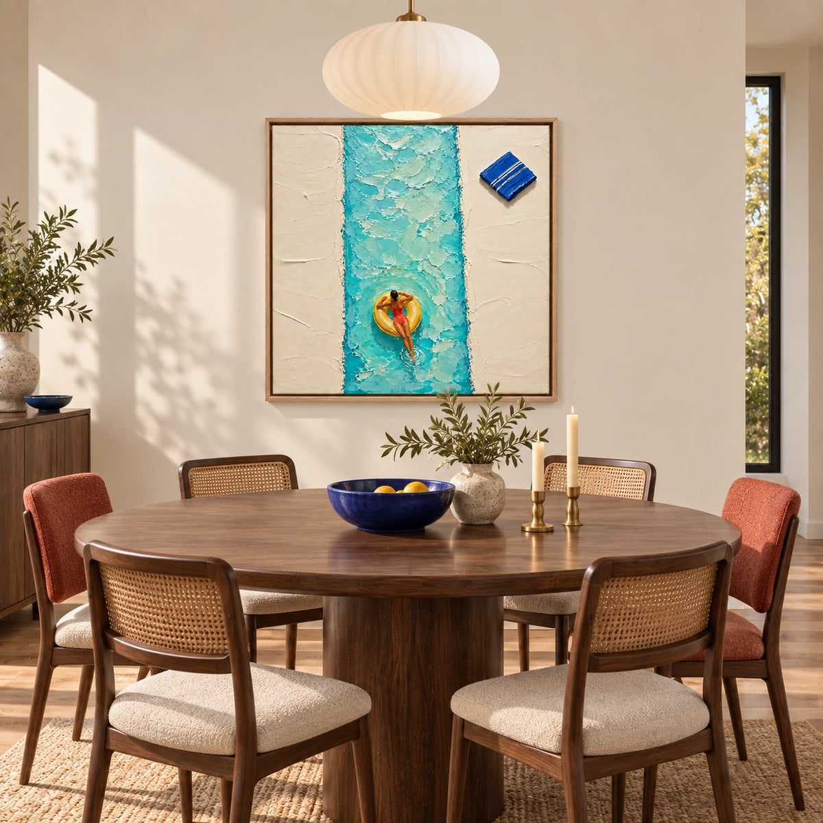 poolside float displayed in a dining space