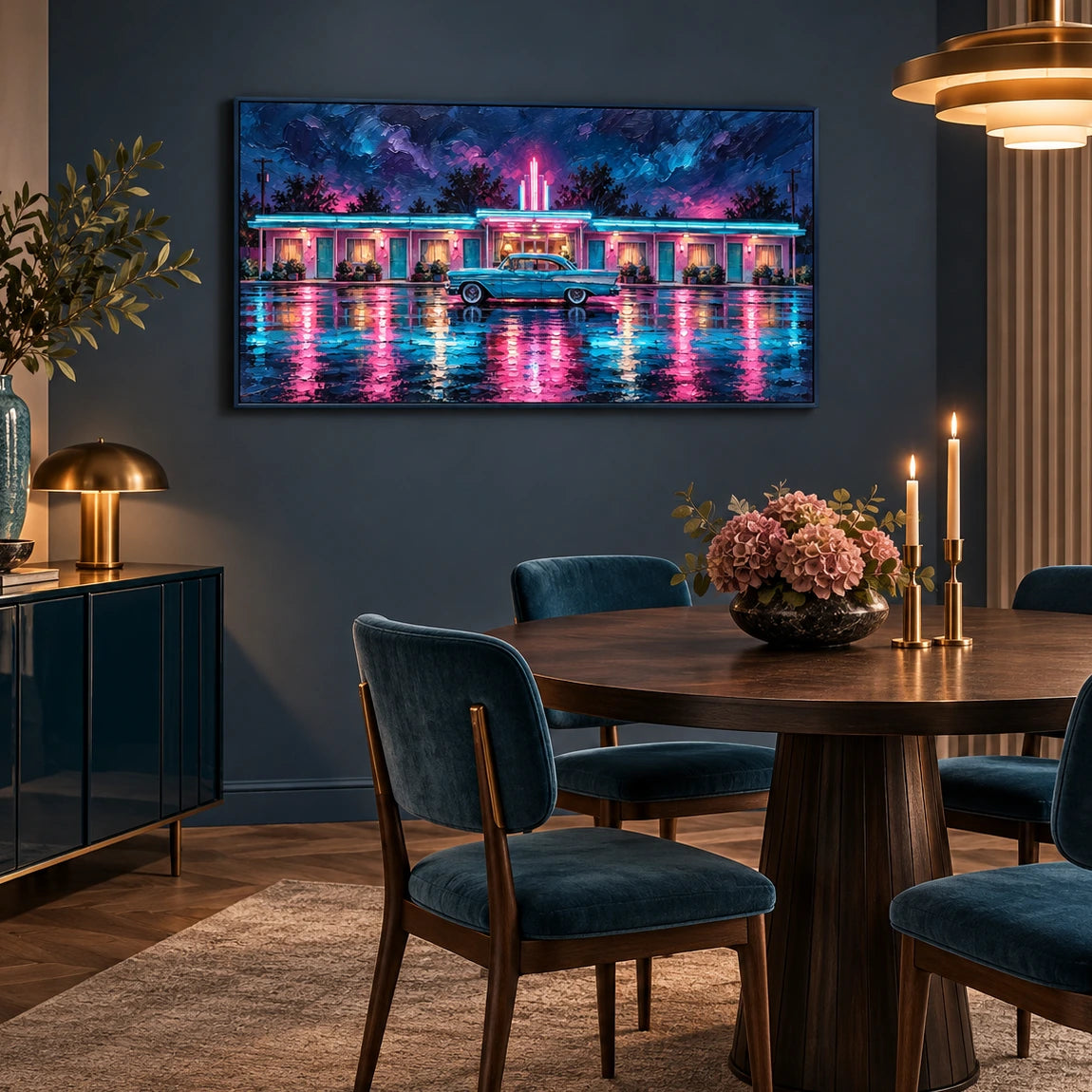 neon motel after rain displayed in a intimate dining room