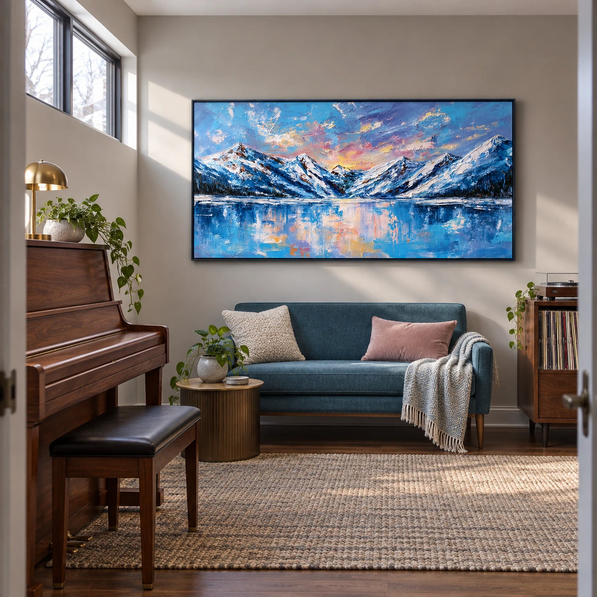 alpine lake at first light displayed in a home music room