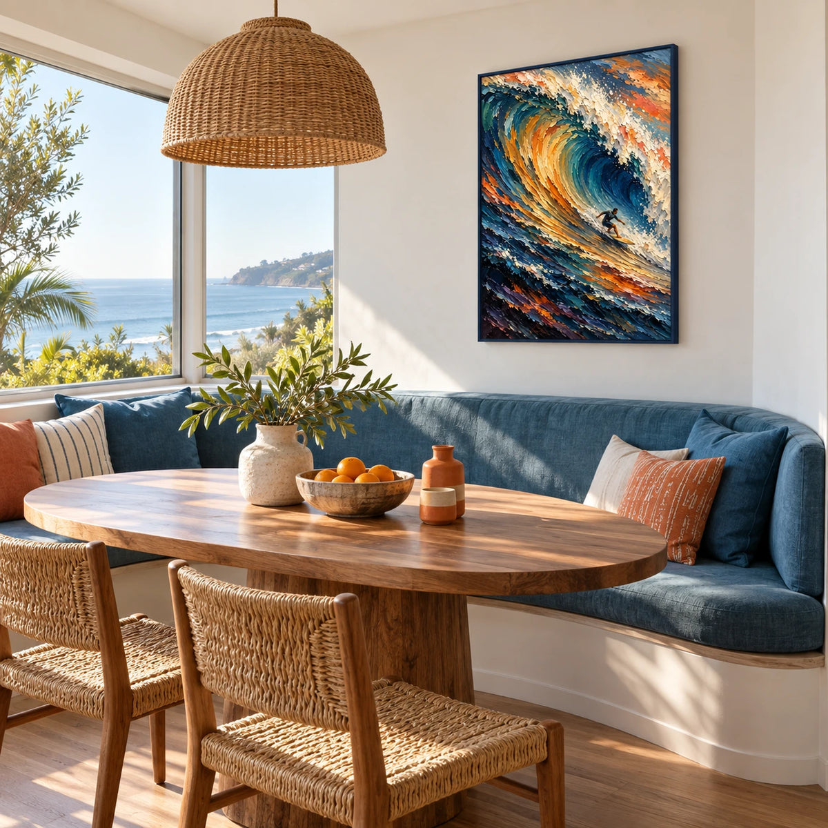 riding the blue break displayed in a breakfast nook