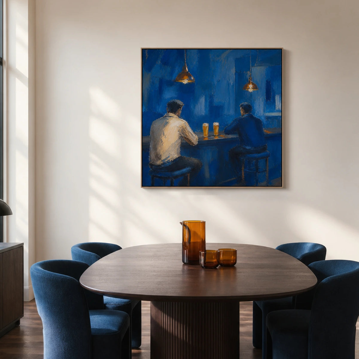 two pints at blue hour displayed in a dining space