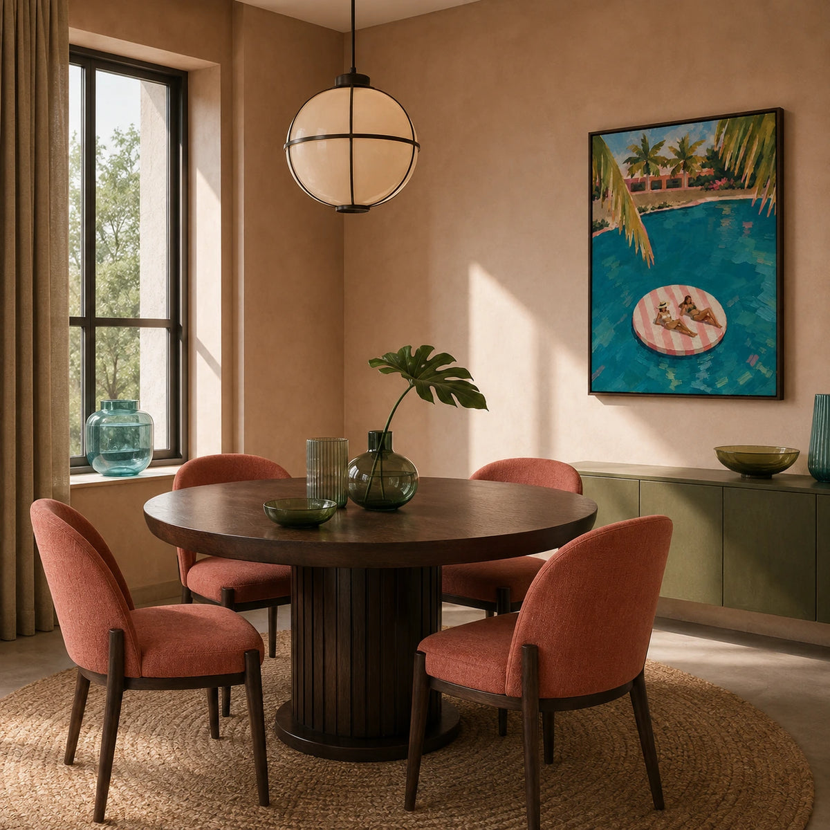 pink float in palm water displayed in a dining room