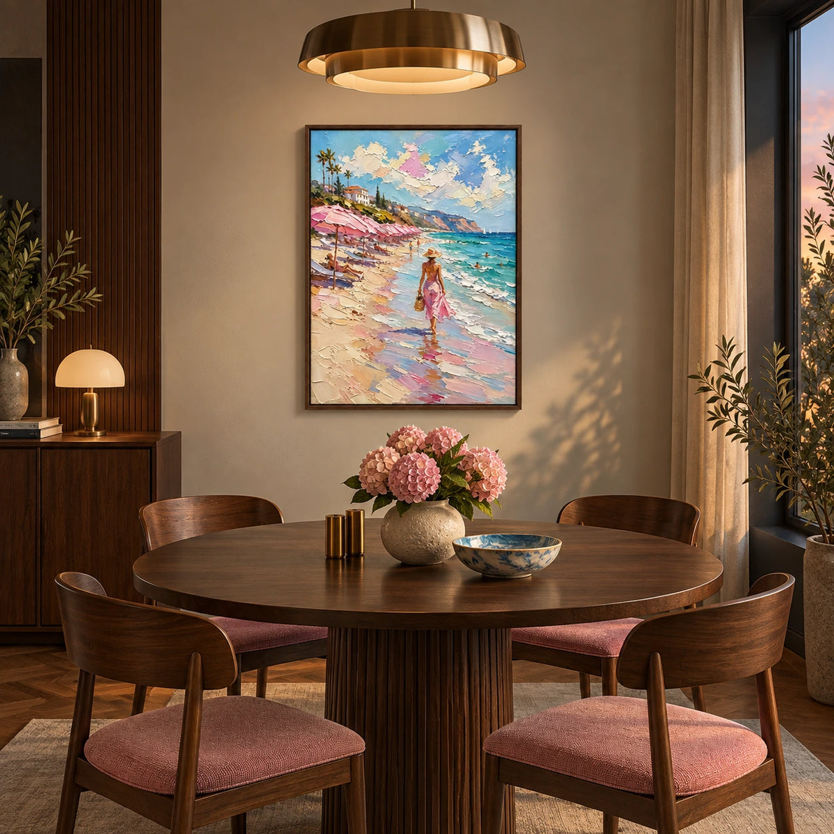pink umbrellas by the sea displayed in a dining room