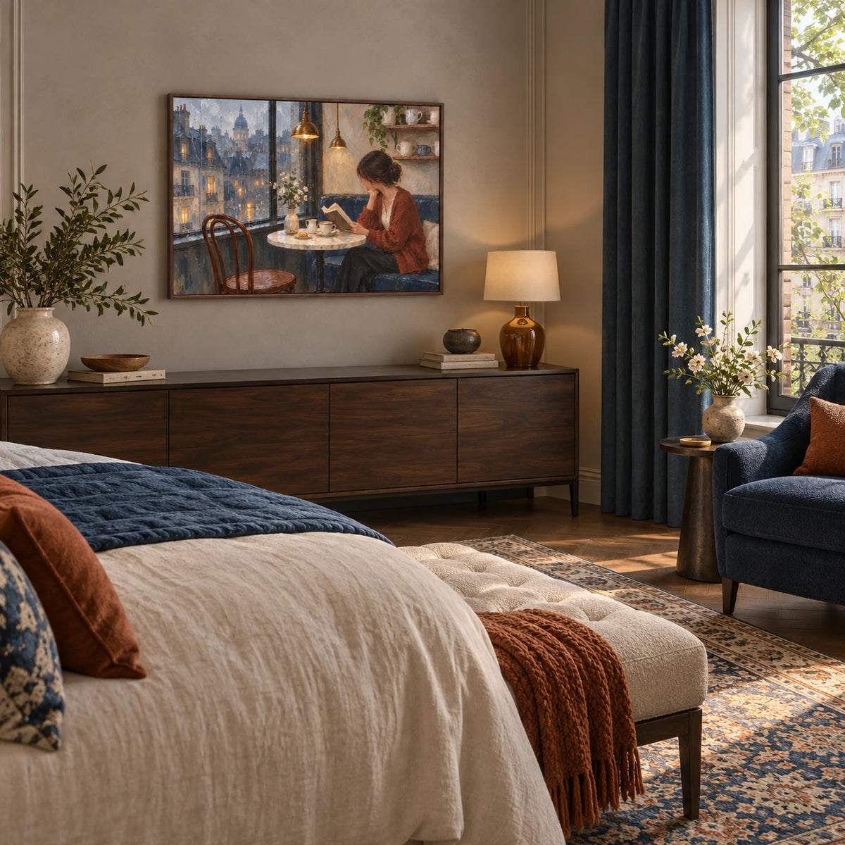 rainy window reading displayed in a bedroom sitting area