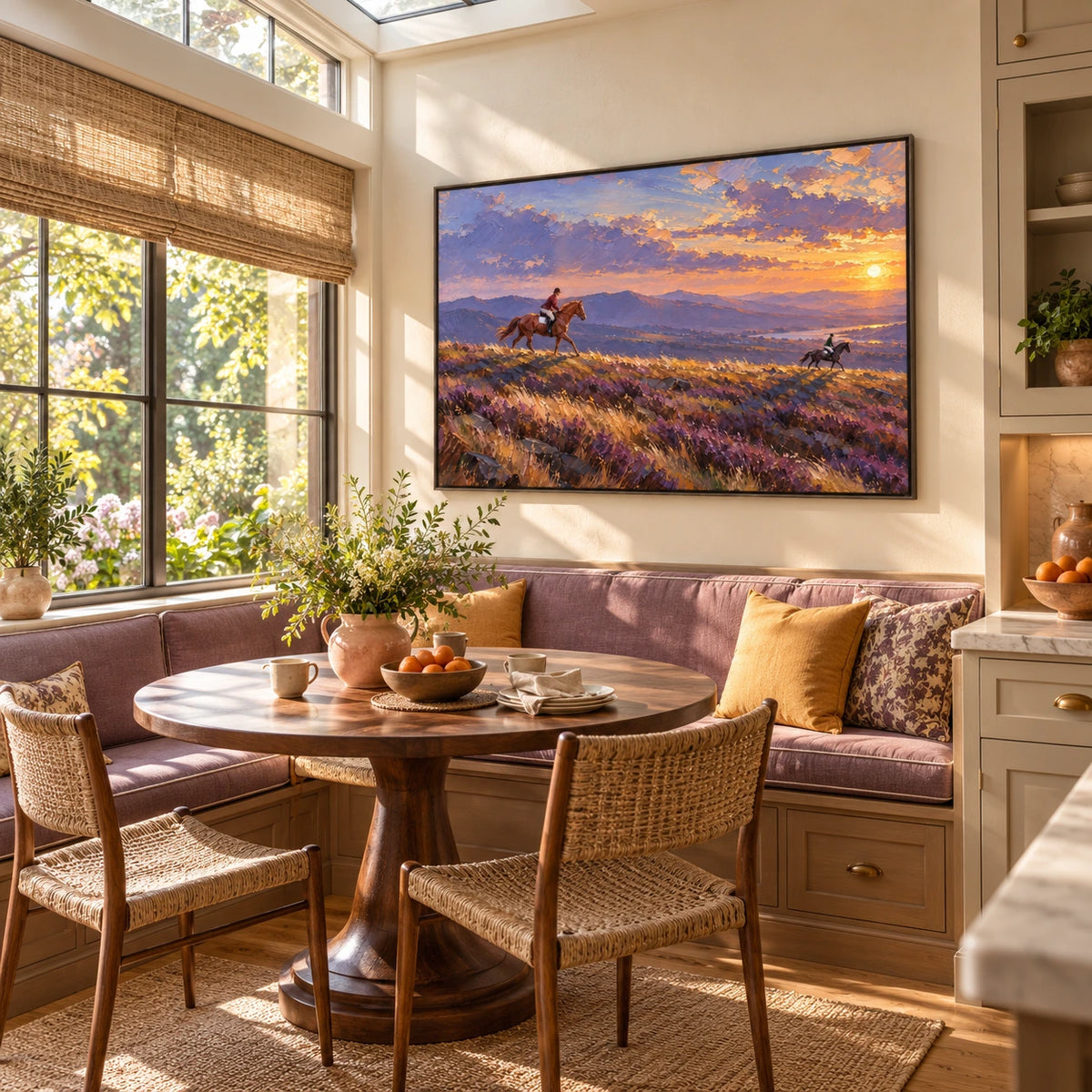 riders beneath a violet sunset displayed in a breakfast sunroom