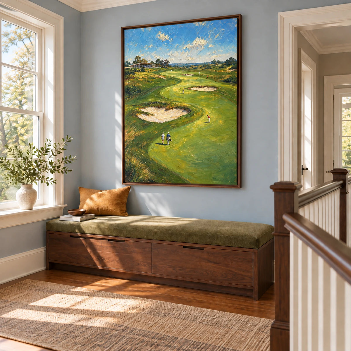 golf course horizon displayed in a upstairs landing