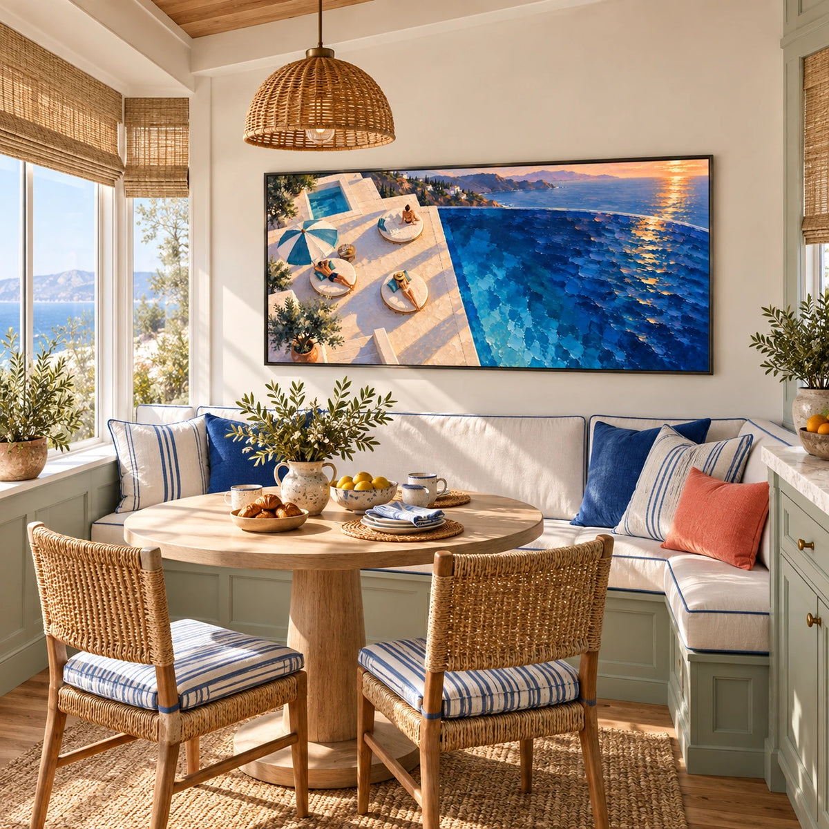 sunlit terrace above the sea displayed in a coastal breakfast nook