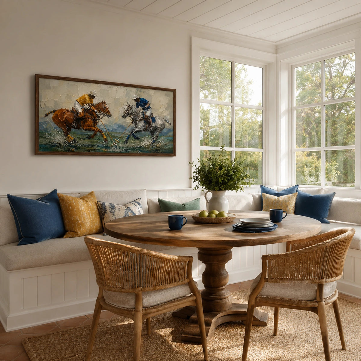 polo riders at low tide displayed in a sunroom breakfast nook