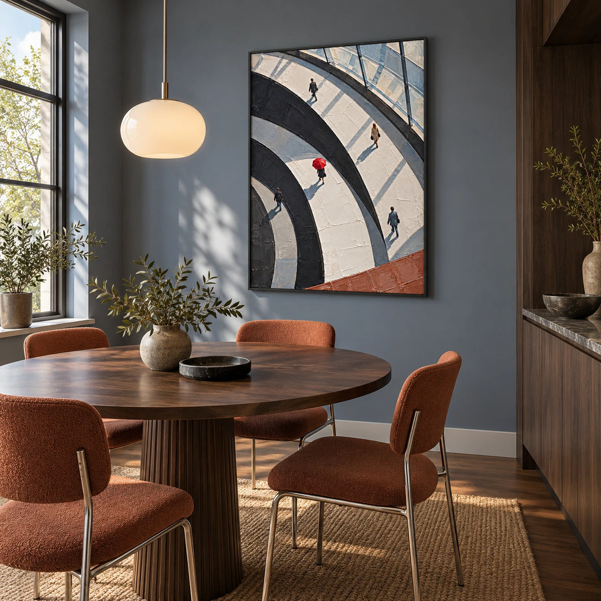 paths through light displayed in a dining room