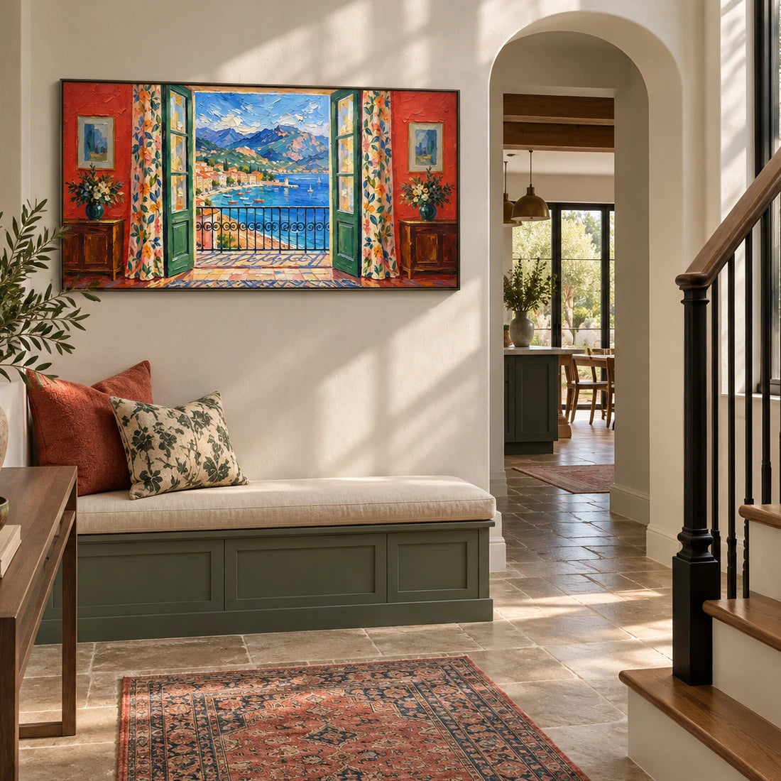 mediterranean balcony view displayed in a entry hall